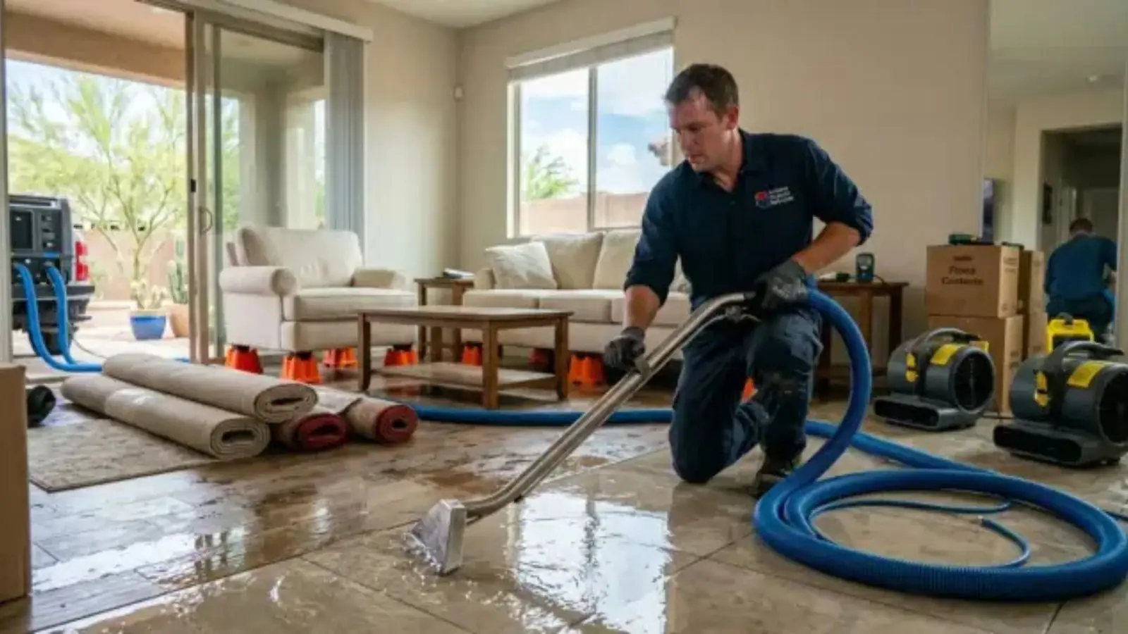 Restoration technician working an extraction hose across a wet living room floor during emergency water removal for a Dana Point home