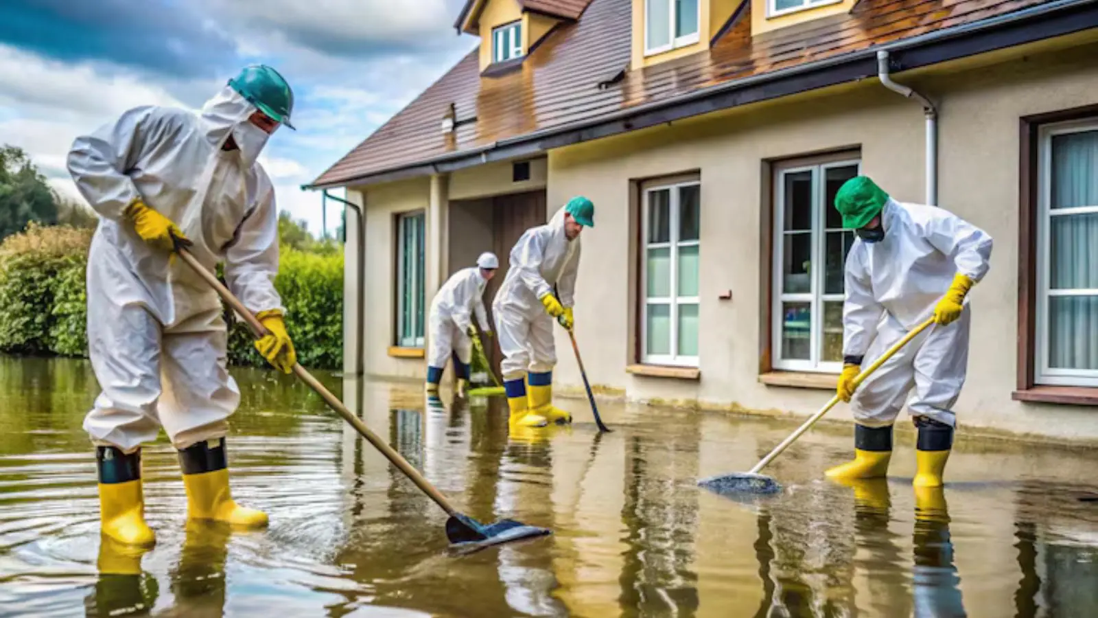 Crew in white protective suits and yellow boots clearing floodwater outside a two story home during flood damage restoration near Dana Point