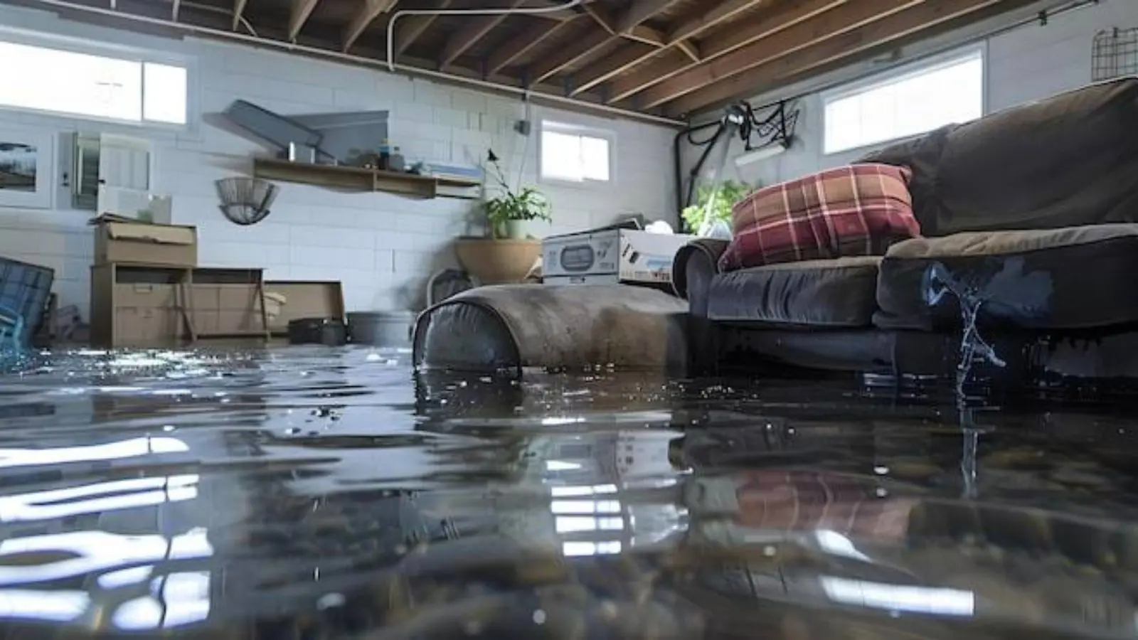 Flooded lower level living room with a sofa standing in water, an example of flood damage from outside water