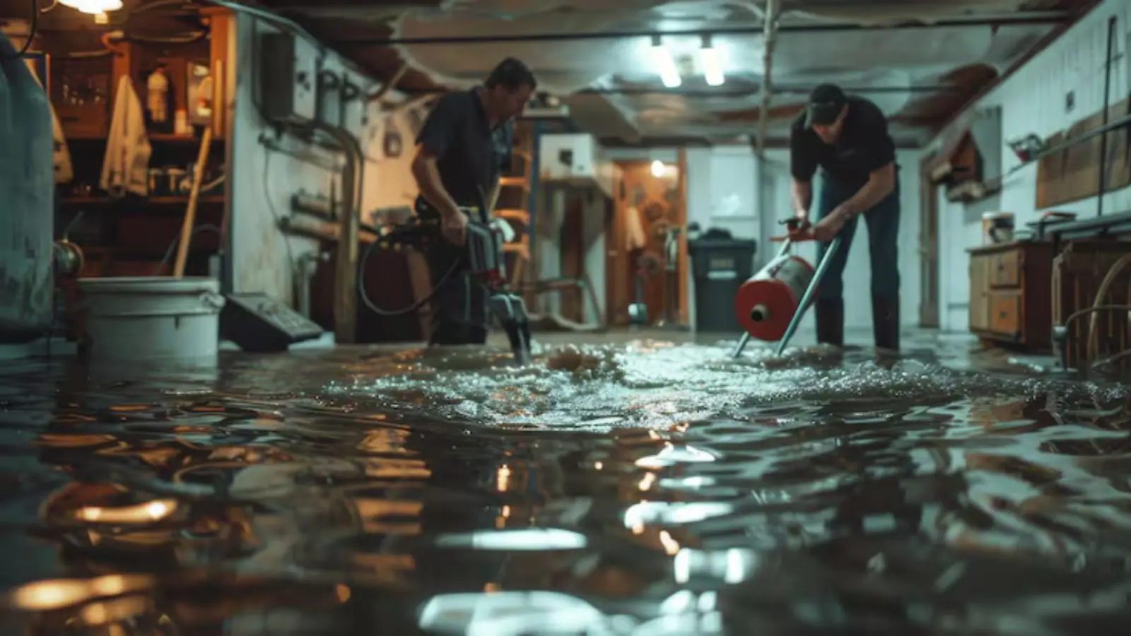 Workers clearing and pumping contaminated water in a flooded basement
