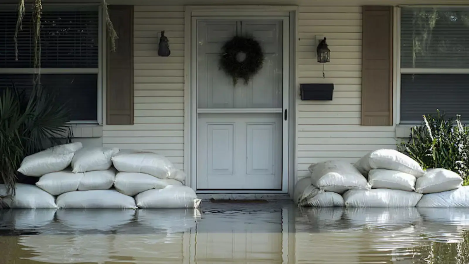 Sandbags stacked at the front door of a house to hold back floodwater
