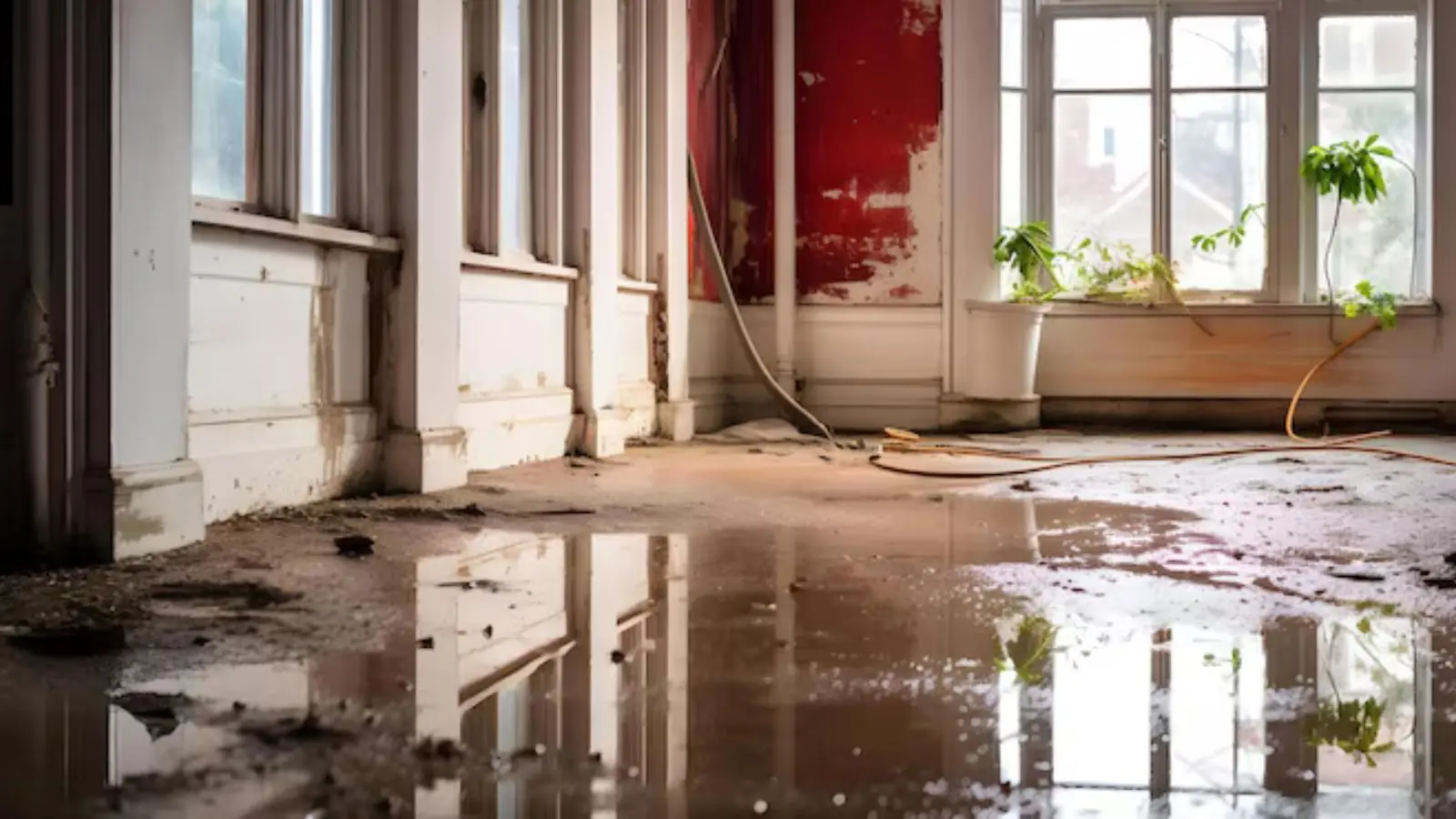 Muddy floodwater pooled across the floor of a room with soiled walls, an example of contaminated water