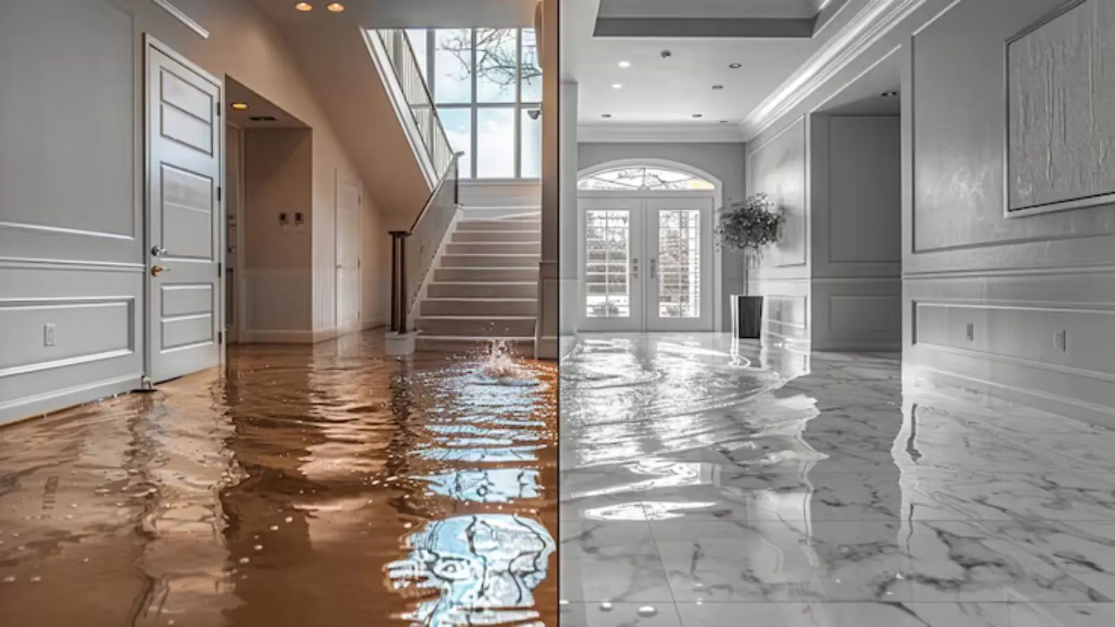 Flooded hallway and staircase with water reflecting on the floor of a home