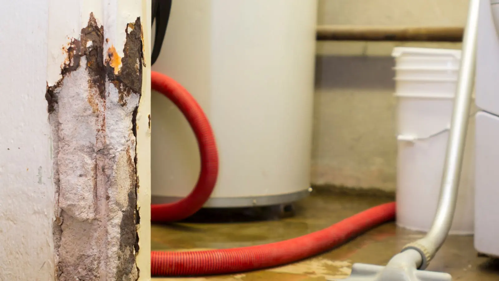 Wet vacuum hose beside a rusted water heater stand on a wet floor after a tank leak